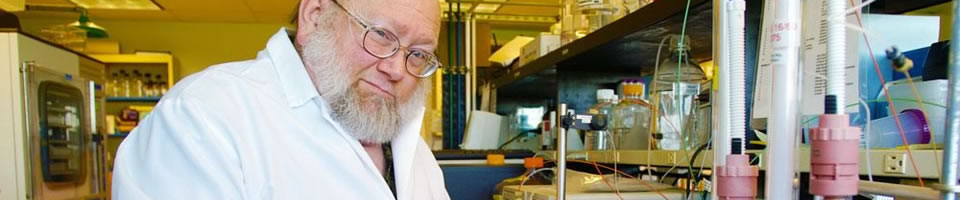 An older, bearded scientist in a laboratory